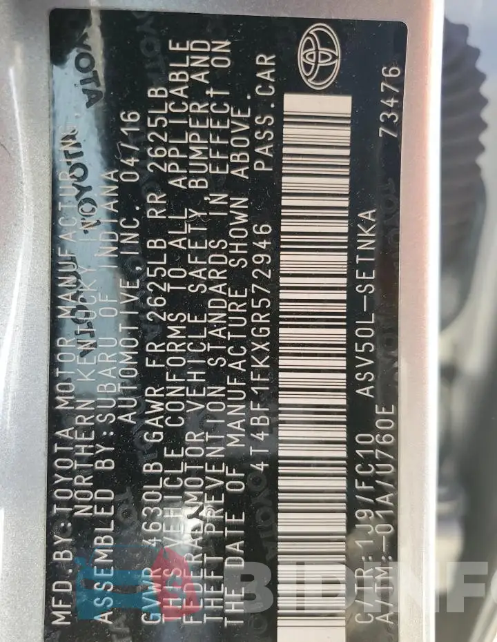 4T4BF1FKXGR572946 Photo# 13