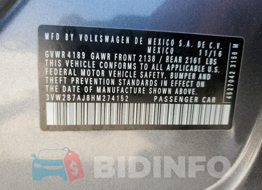 3VW2B7AJ8HM274152 Photo# 12