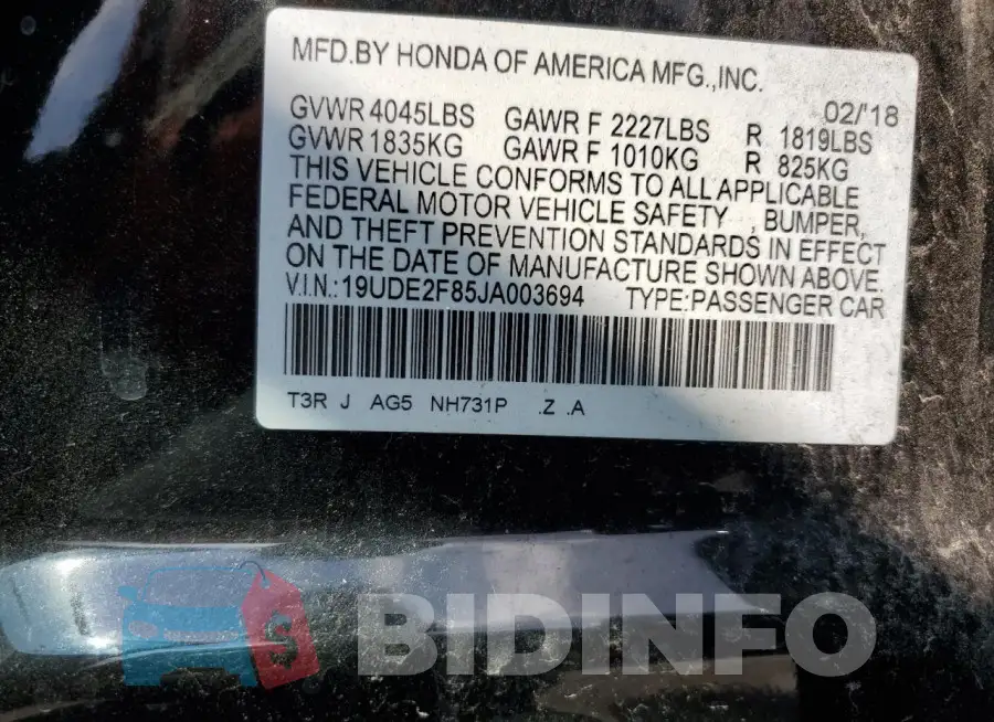 19UDE2F85JA003694 Photo# 12
