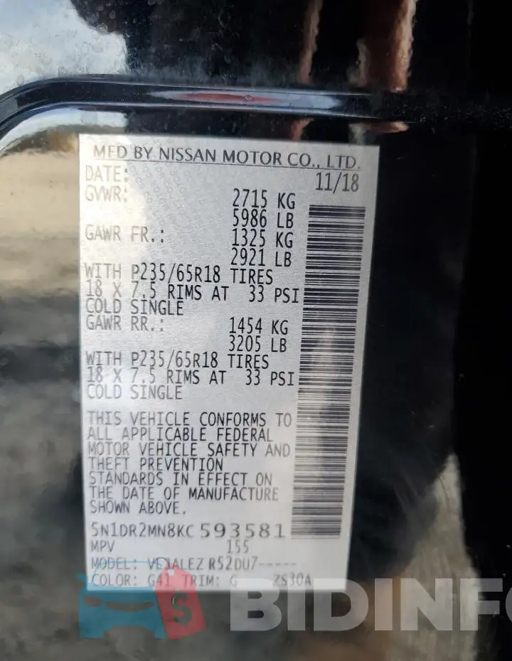 5N1DR2MN8KC593581 Photo# 13
