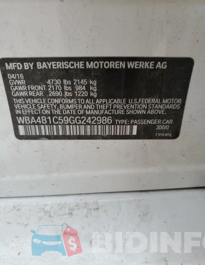 WBA4B1C59GG242986 Photo# 12