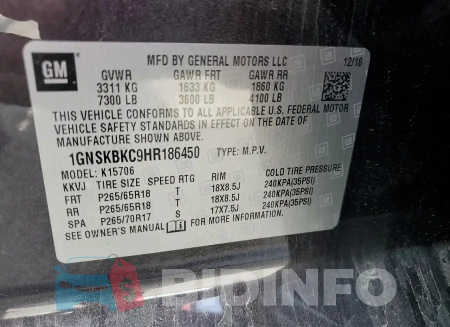 1GNSKBKC9HR186450 Photo# 13