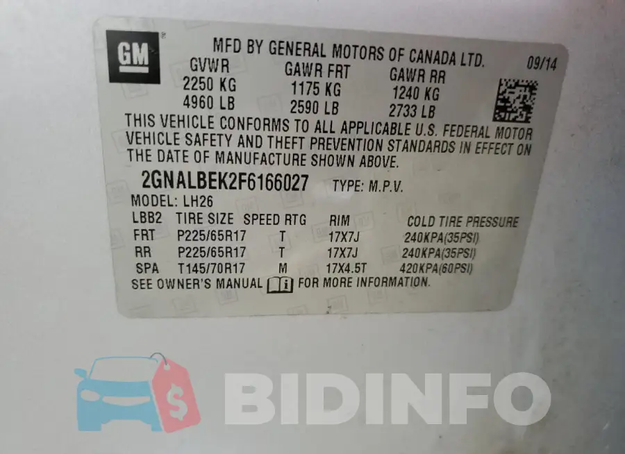 2GNALBEK2F6166027 Photo# 13