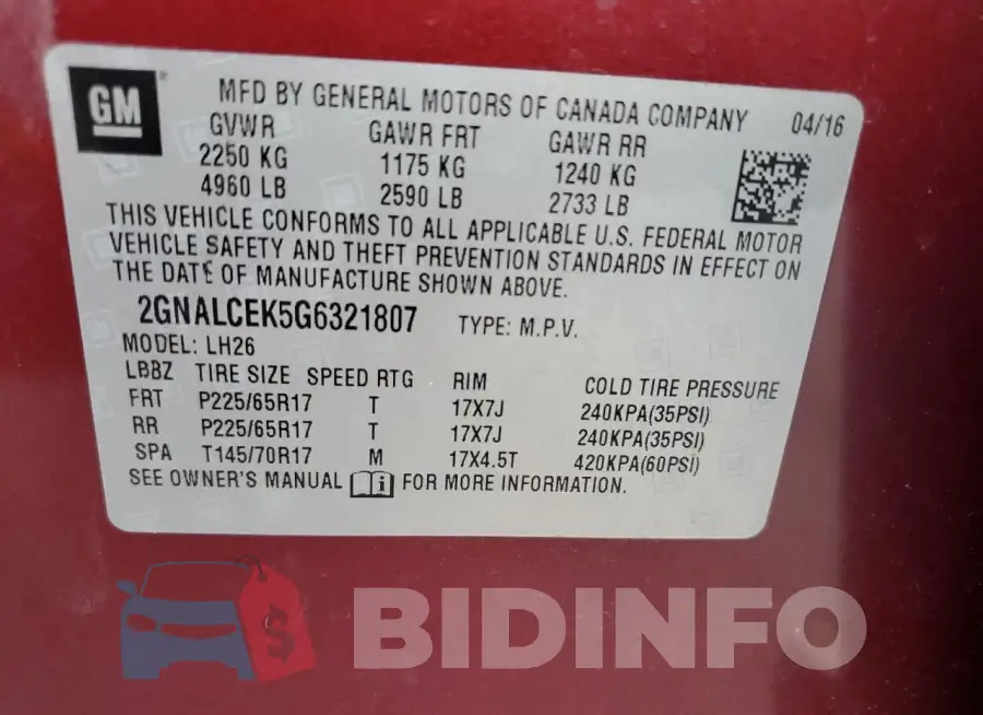 2GNALCEK5G6321807 Photo# 13