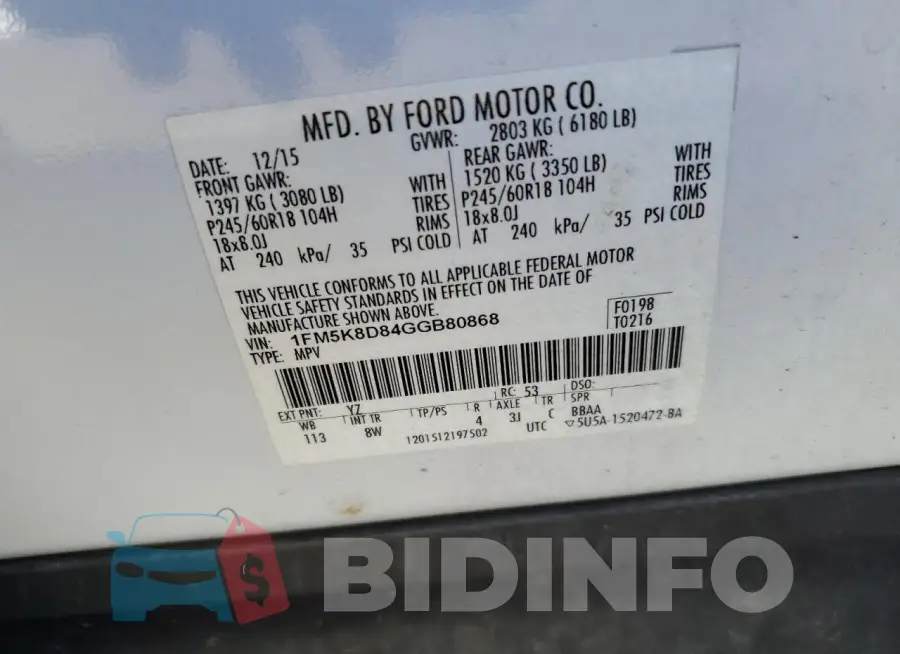 1FM5K8D84GGB80868 Photo# 13