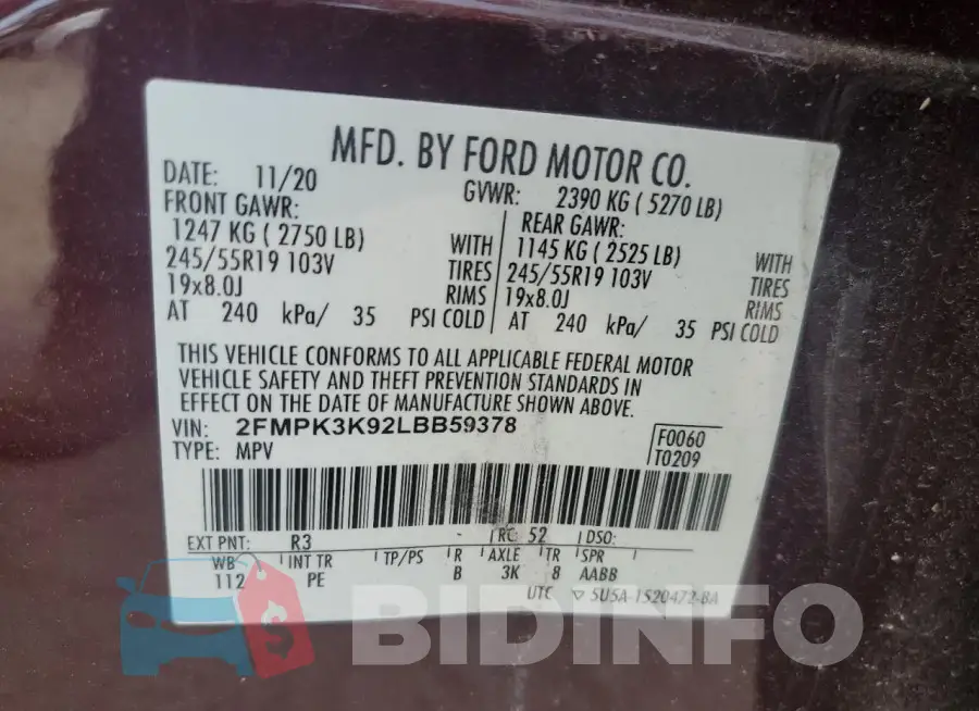 2FMPK3K92LBB59378 Photo# 12