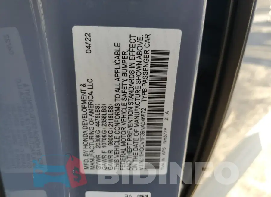 1HGCV1F39NA046872 Photo# 12