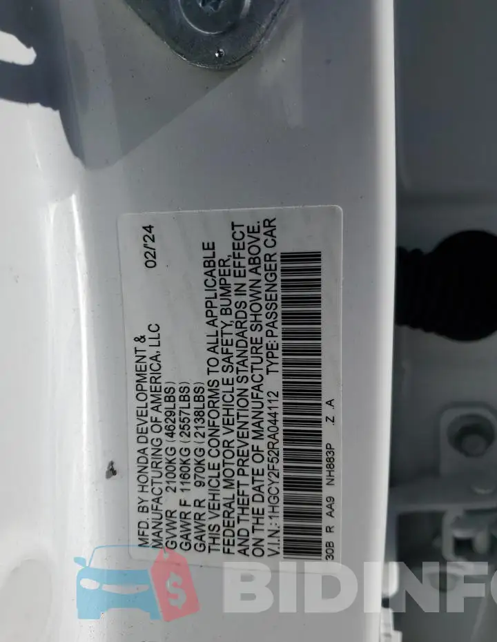 1HGCY2F52RA044112 Photo# 12