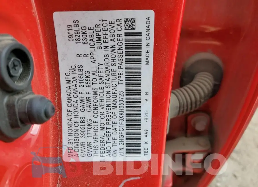 2HGFC1F3XKH650723 Photo# 13