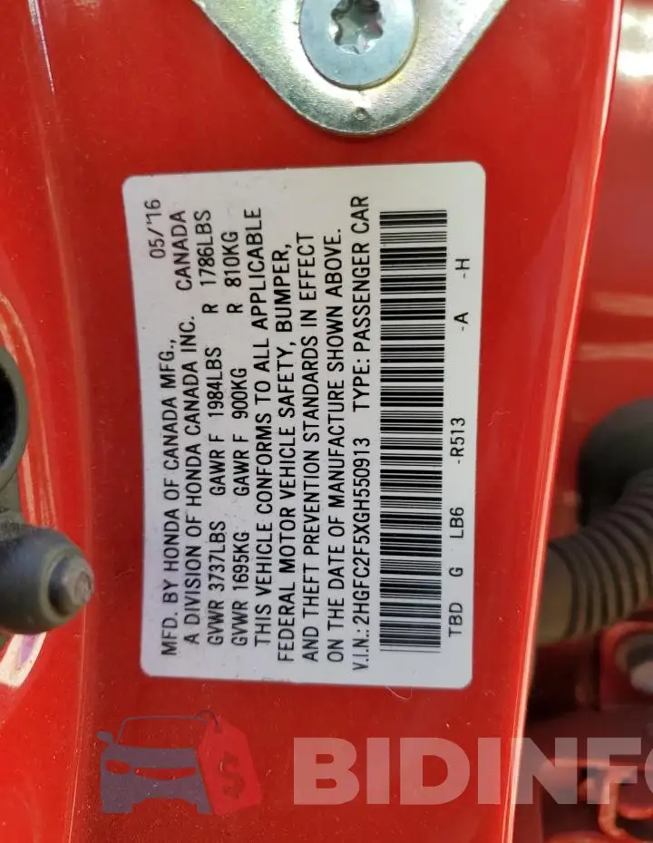 2HGFC2F5XGH550913 Photo# 13