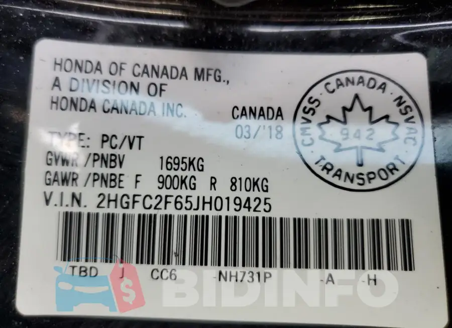 2HGFC2F65JH019425 Photo# 13