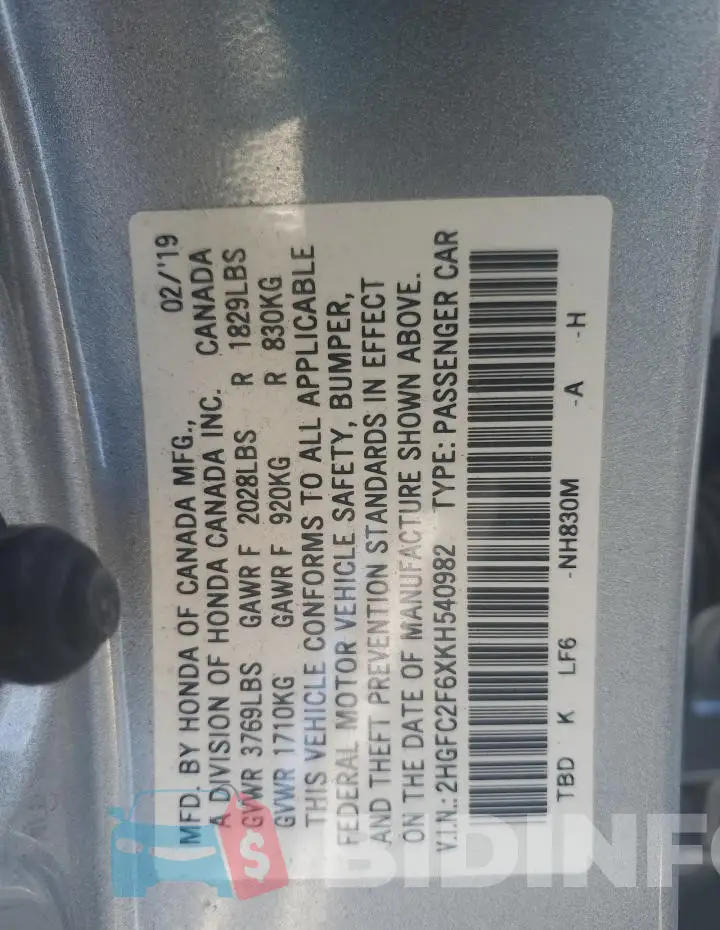 2HGFC2F6XKH540982 Photo# 12