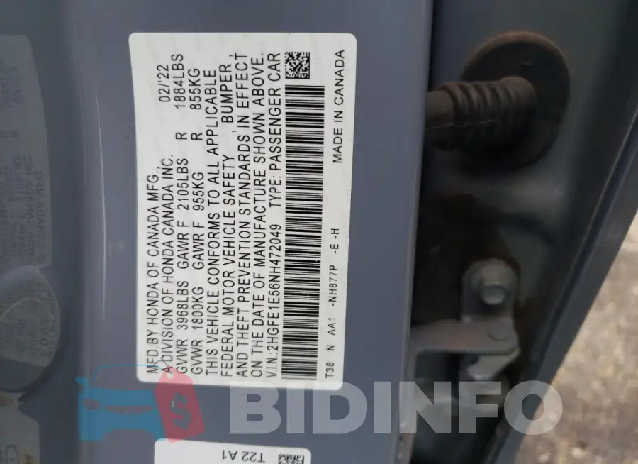 2HGFE1E56NH472049 Photo# 13