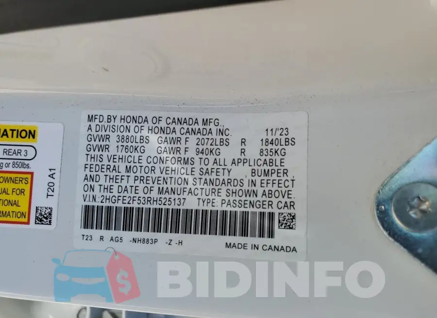 2HGFE2F53RH525137 Photo# 12