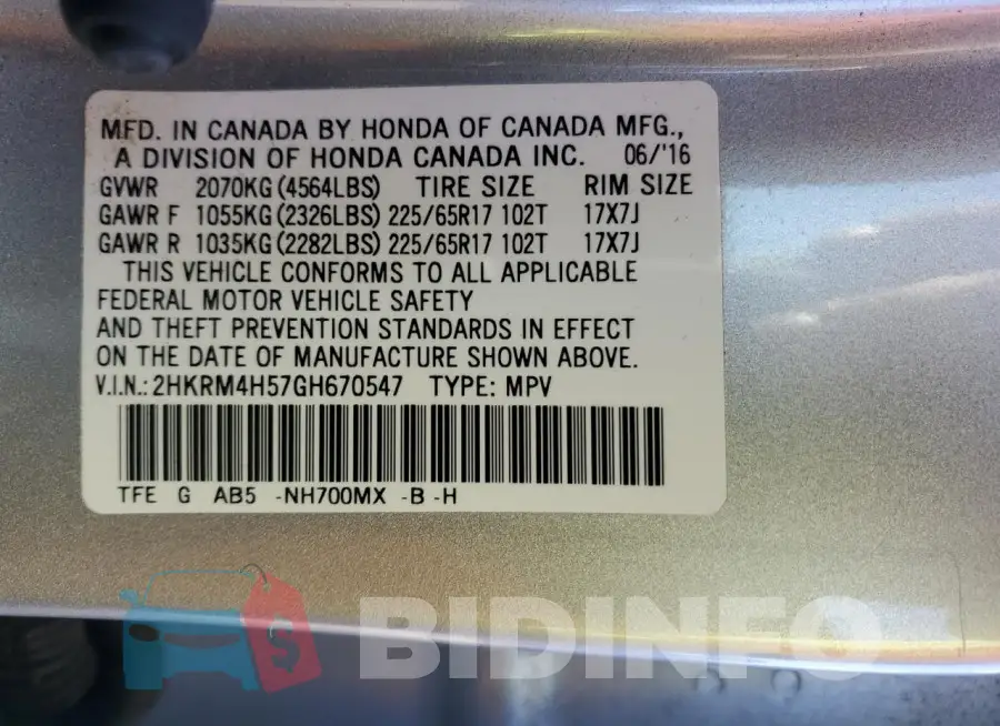 2HKRM4H57GH670547 Photo# 13