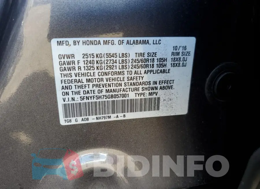 5FNYF5H75GB057001 Photo# 13