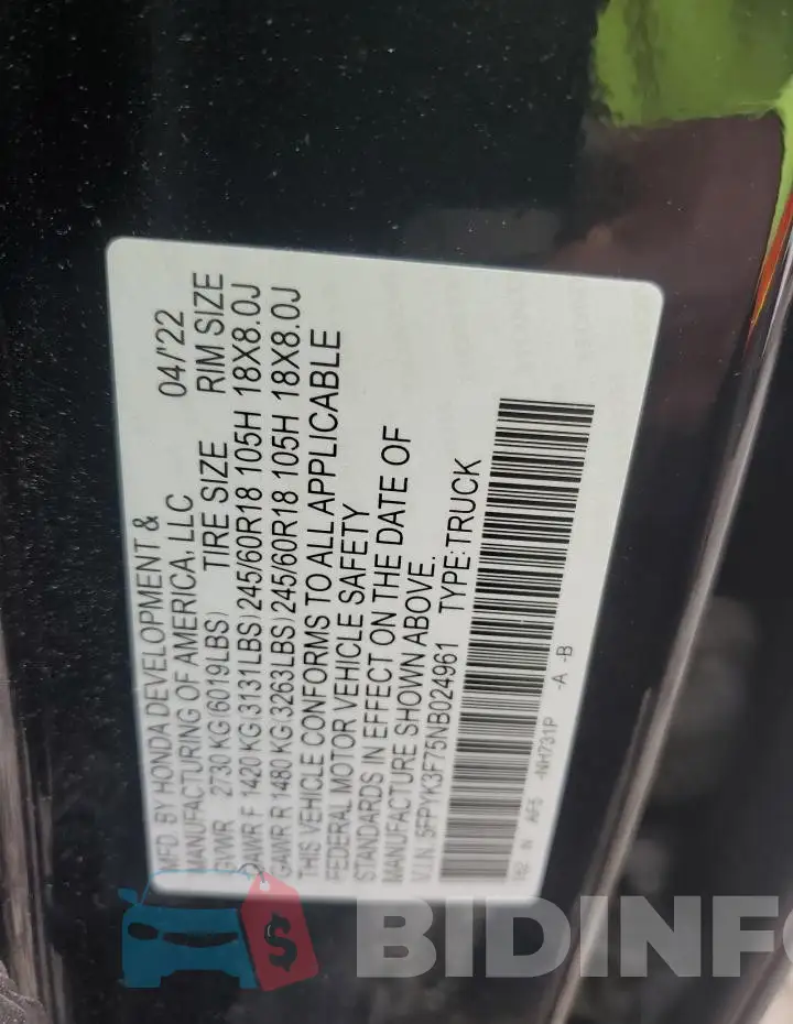 5FPYK3F75NB024961 Photo# 12