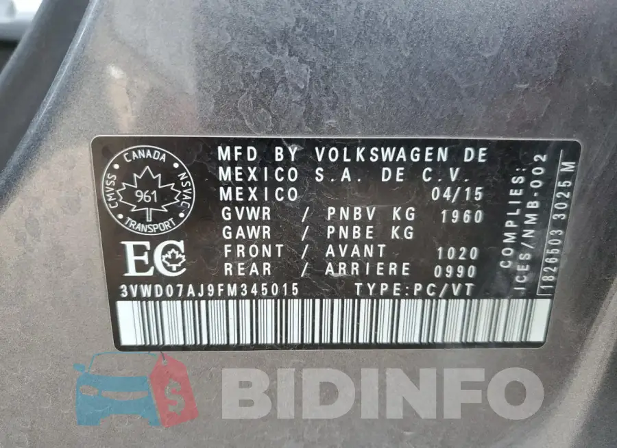 3VWD07AJ9FM345015 Photo# 13