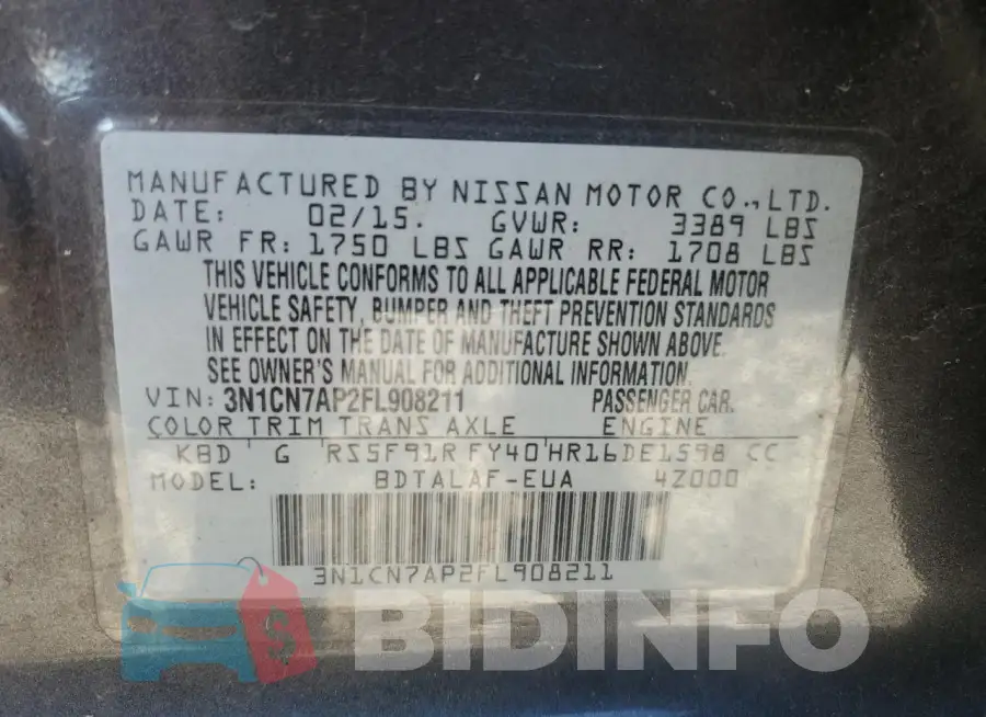 3N1CN7AP2FL908211 Photo# 13