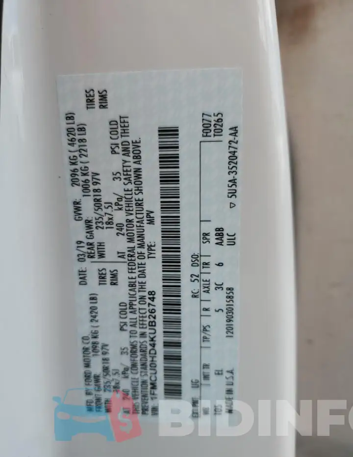 1FMCU0HD4KUB26748 Photo# 14
