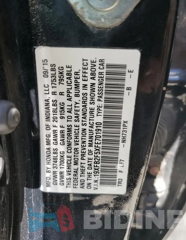19XFB2F5XFE701910 Photo# 12