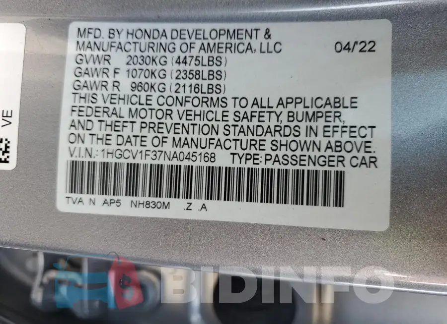 1HGCV1F37NA045168 Photo# 12