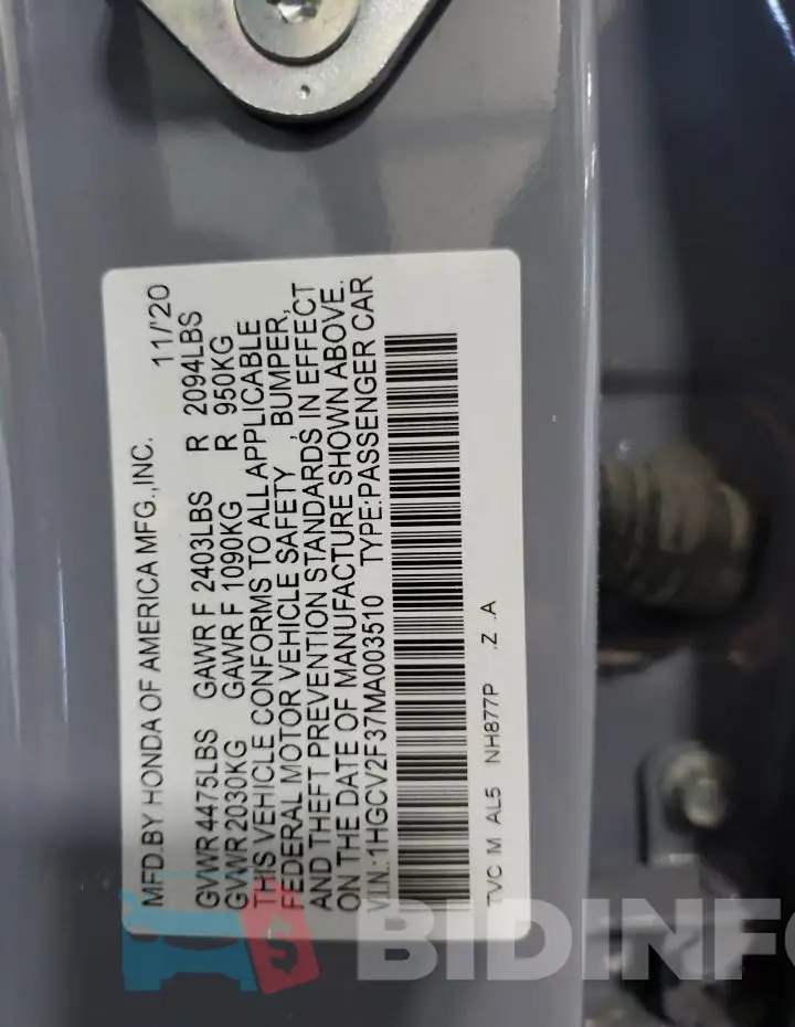 1HGCV2F37MA003510 Photo# 13