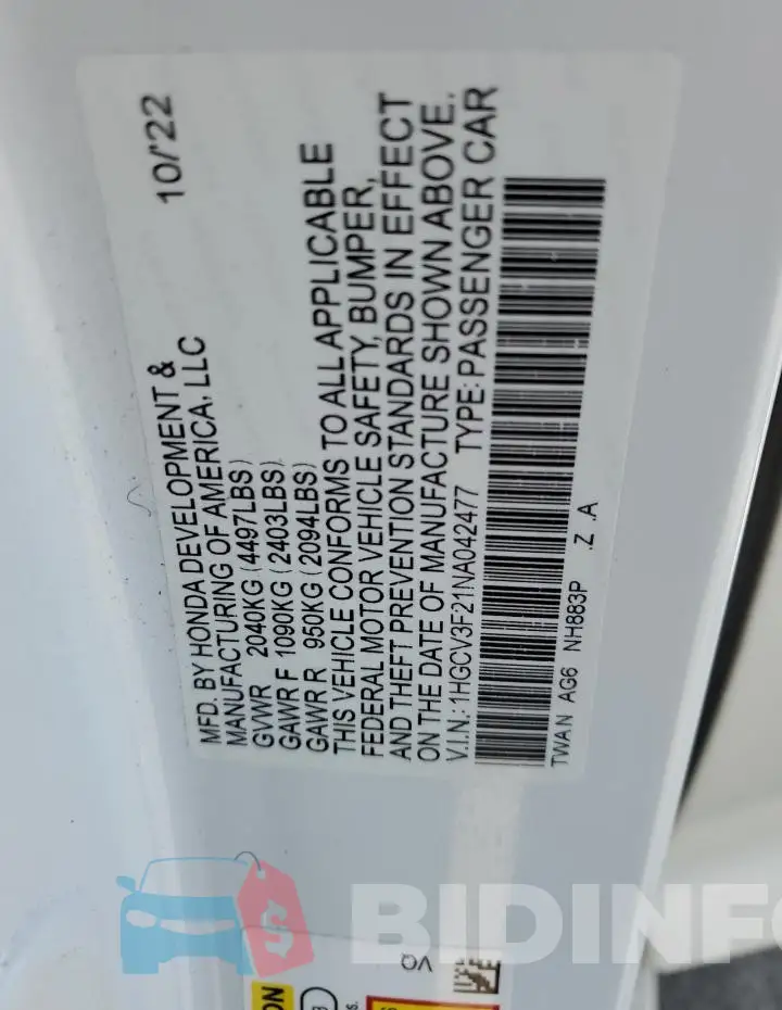 1HGCV3F21NA042477 Photo# 12