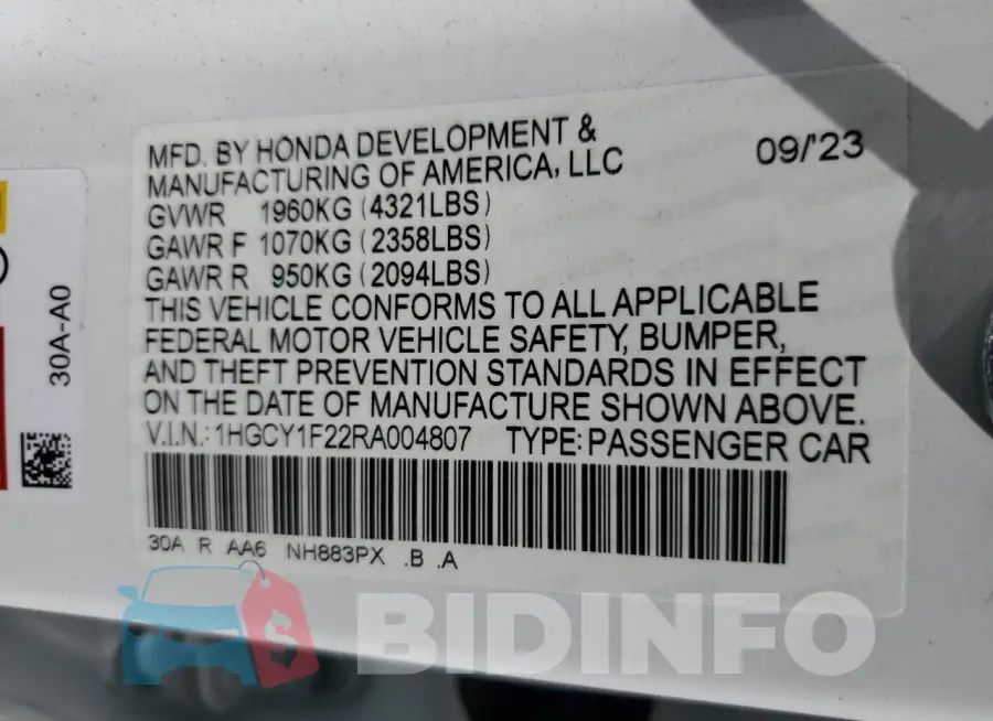 1HGCY1F22RA004807 Photo# 13