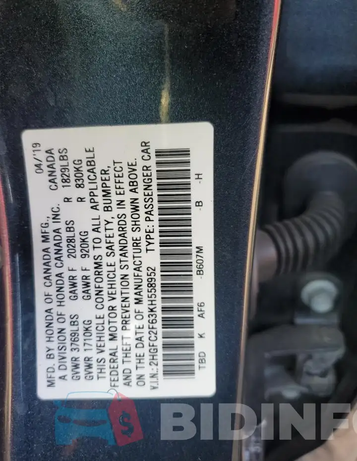 2HGFC2F63KH558952 Photo# 12