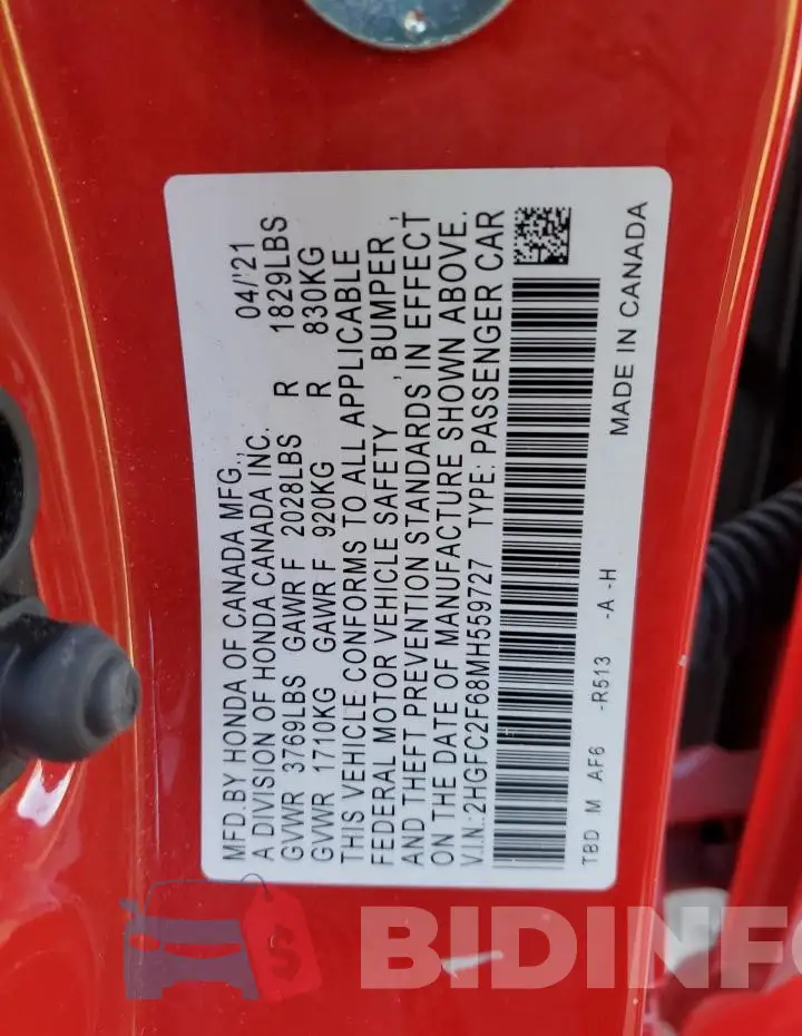 2HGFC2F68MH559727 Photo# 12