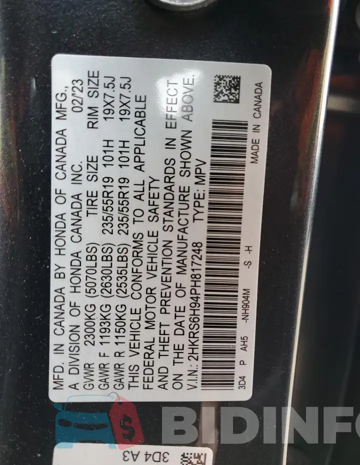 2HKRS6H94PH817248 Photo# 13