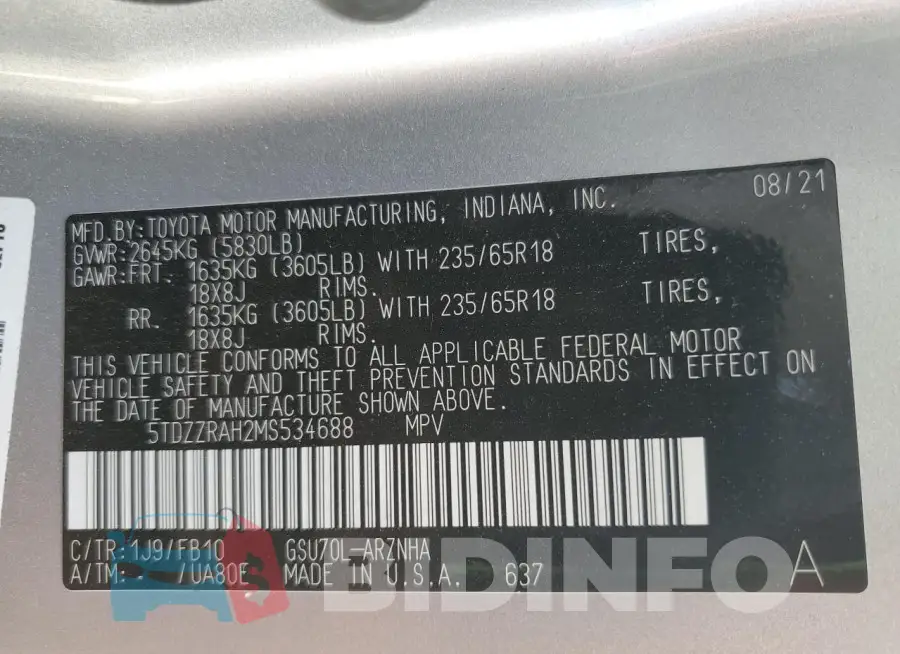 5TDZZRAH2MS534688 Photo# 13