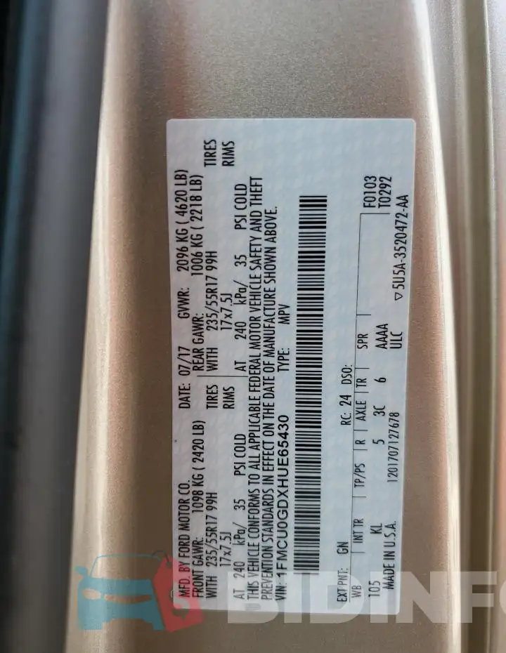 1FMCU0GDXHUE65430 Photo# 14
