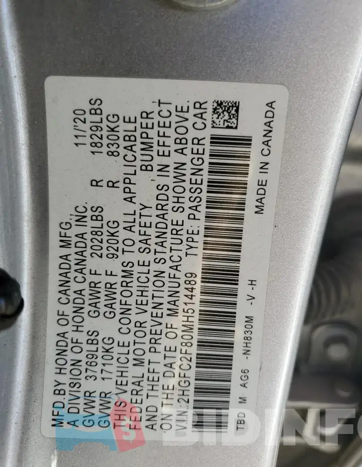 2HGFC2F80MH514489 Photo# 13