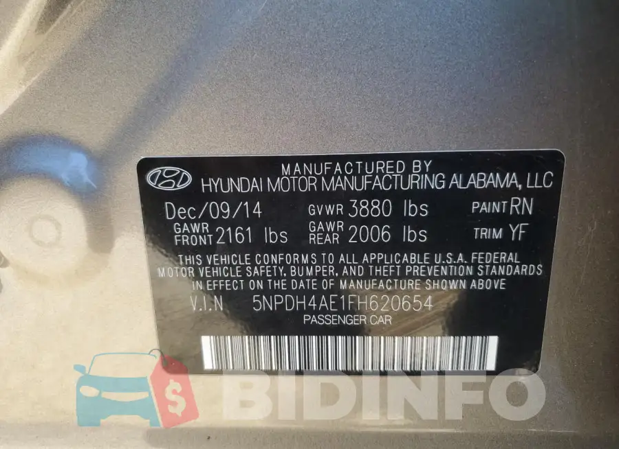 5NPDH4AE1FH620654 Photo# 12