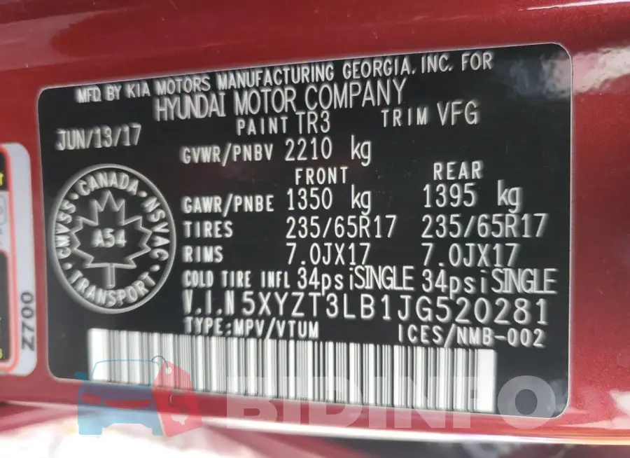 5XYZT3LB1JG520281 Photo# 13