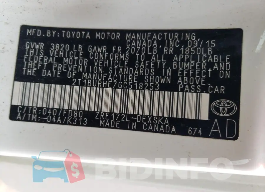 2T1BURHE7GC518253 Photo# 12