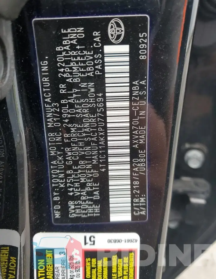 4T1C11AKXPU775694 Photo# 13