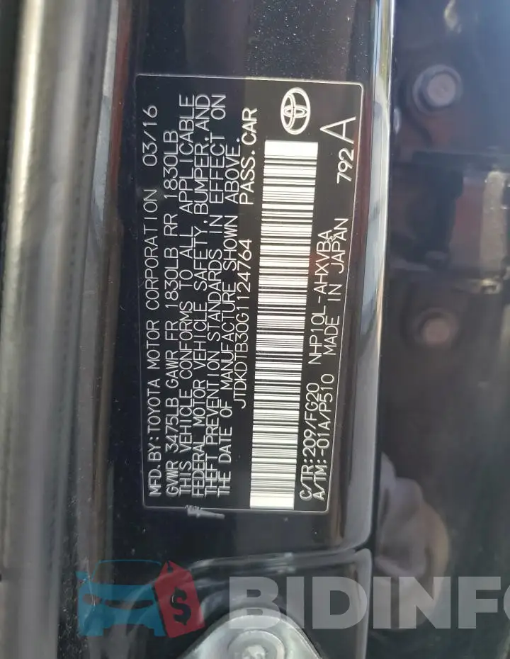 JTDKDTB30G1124764 Photo# 12