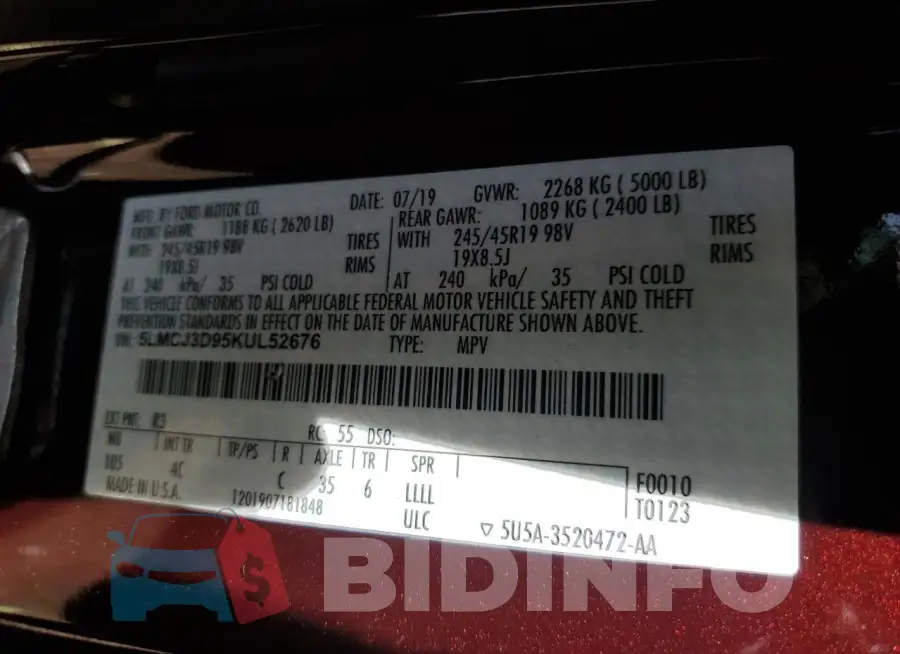 5LMCJ3D95KUL52676 Photo# 13