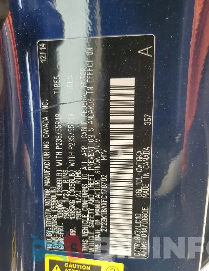 2T2ZK1BAXFC178702 Photo# 13