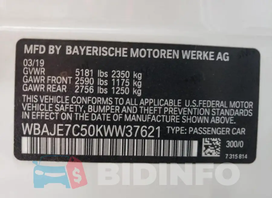 WBAJE7C50KWW37621 Photo# 12
