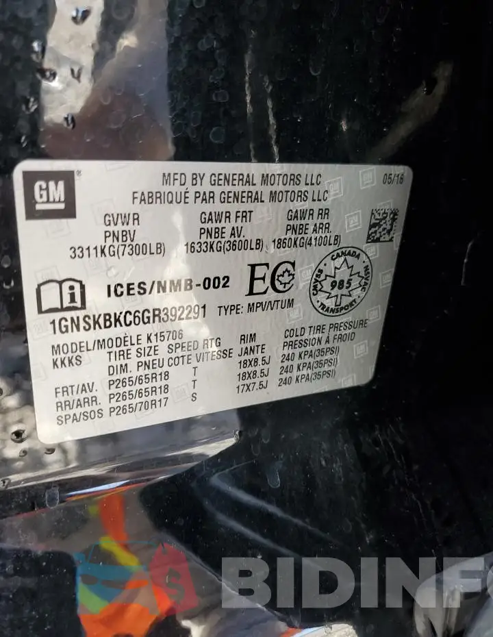 1GNSKBKC6GR392291 Photo# 13