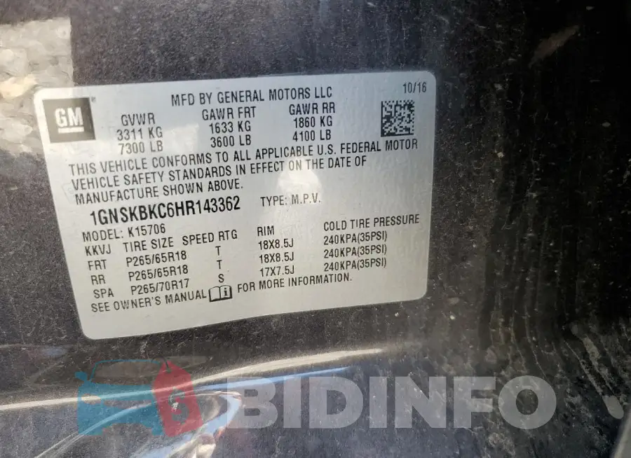 1GNSKBKC6HR143362 Photo# 12