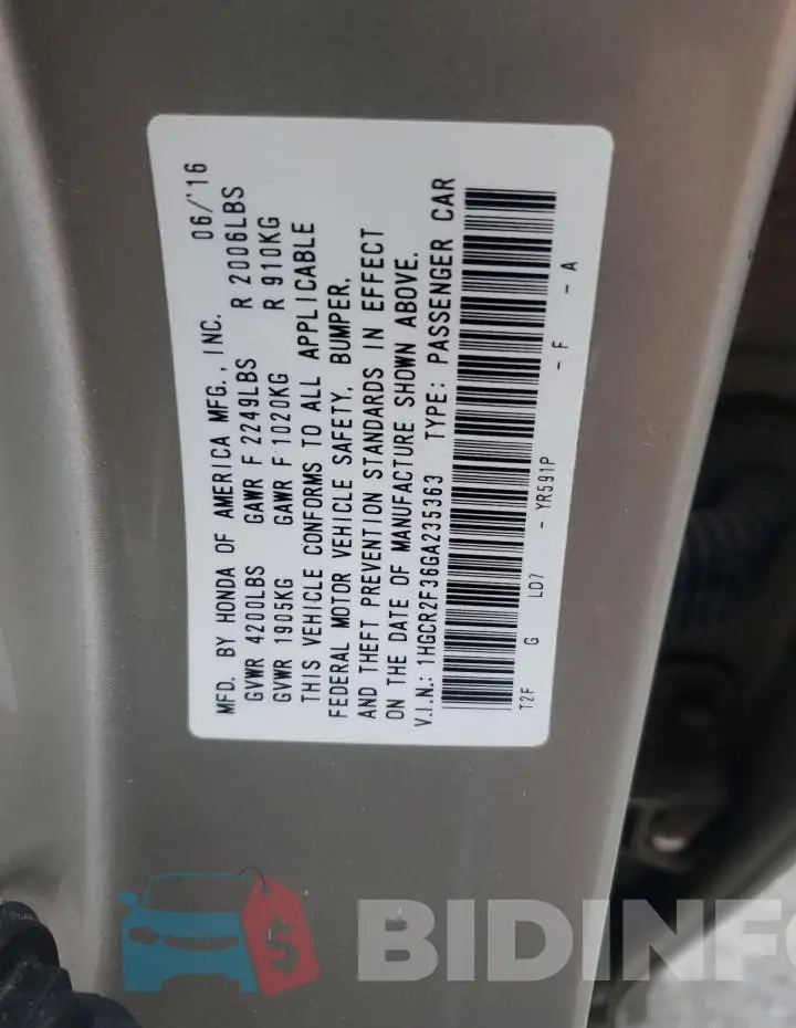 1HGCR2F36GA235363 Photo# 12