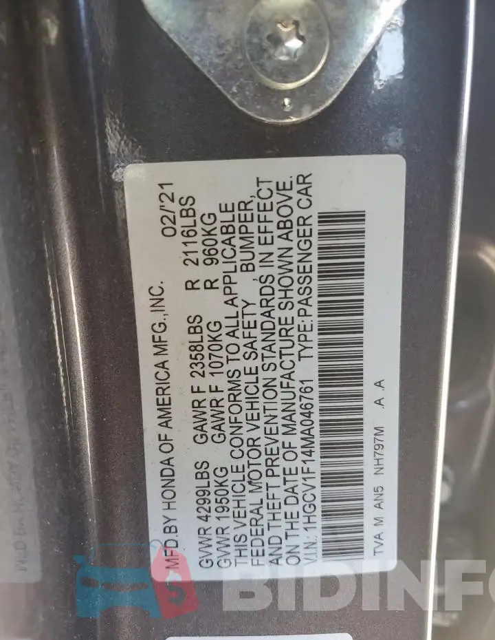 1HGCV1F14MA046761 Photo# 12