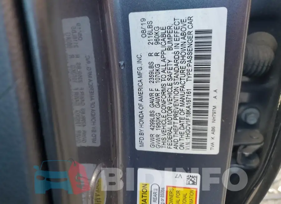 1HGCV1F18KA167161 Photo# 12