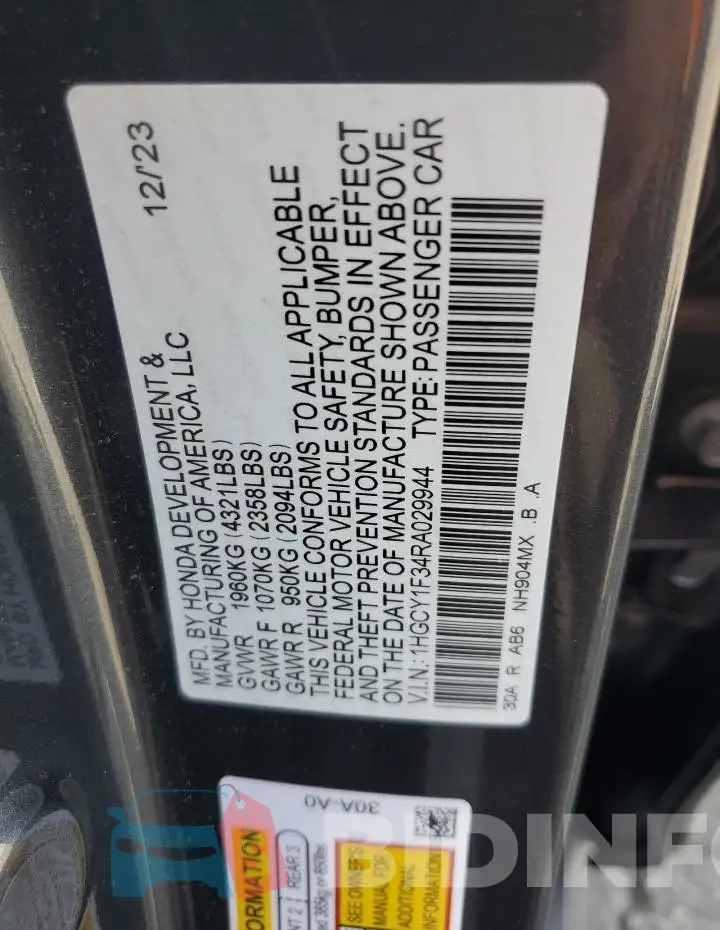 1HGCY1F34RA029944 Photo# 12