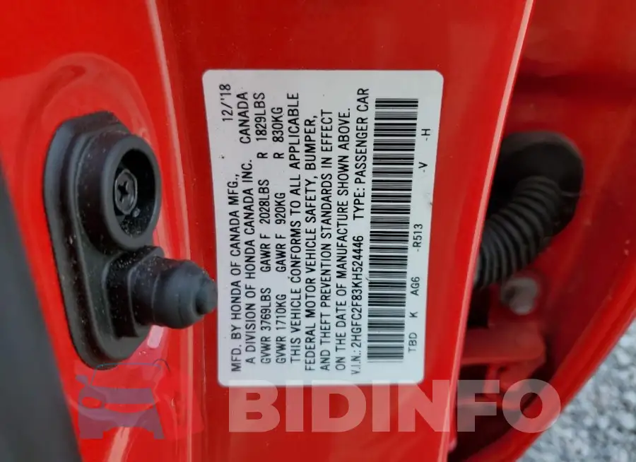 2HGFC2F83KH524446 Photo# 13